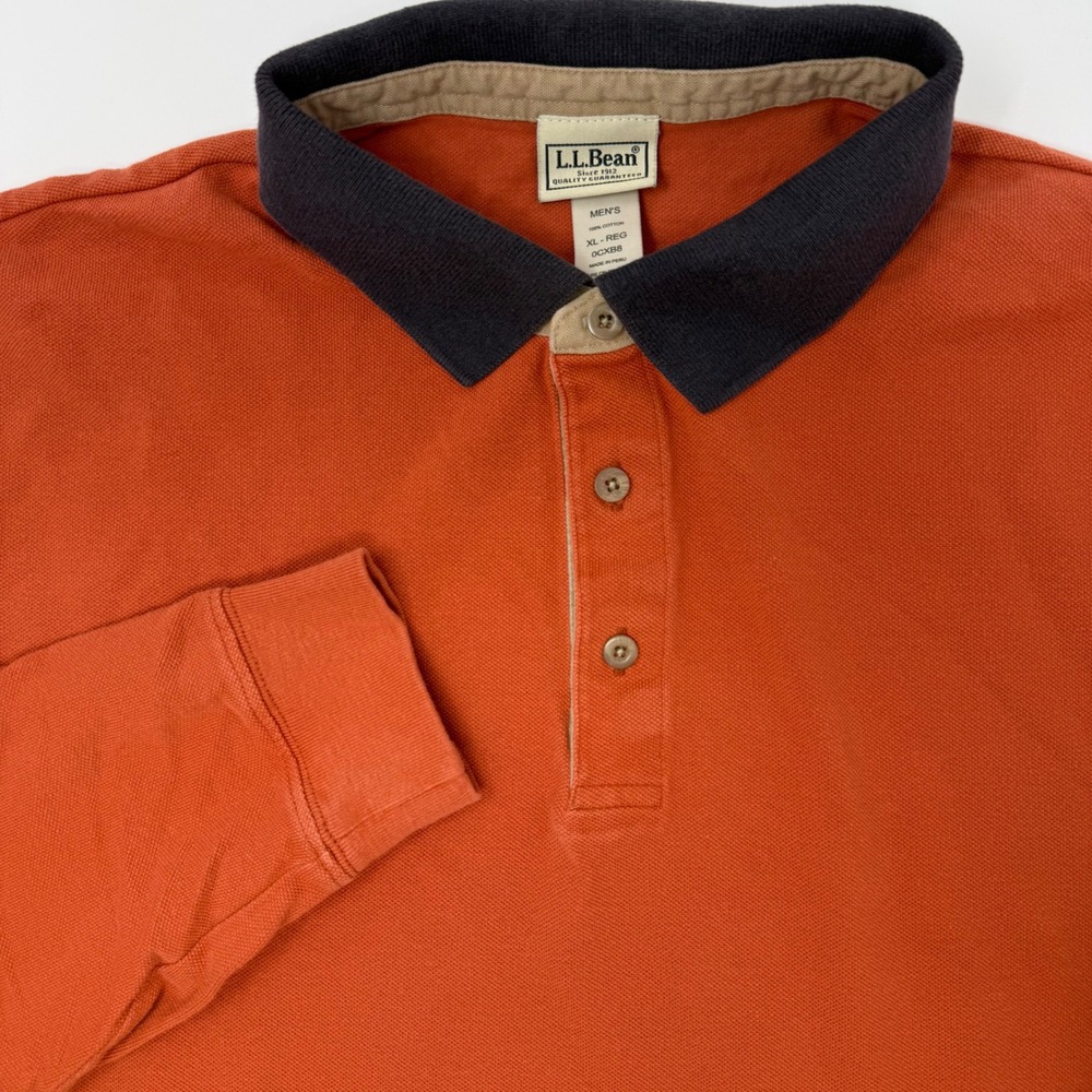 LL Bean Long Sleeve Polo Shirt Orange XL REG Mens‎ Cotton Casual Outdoor